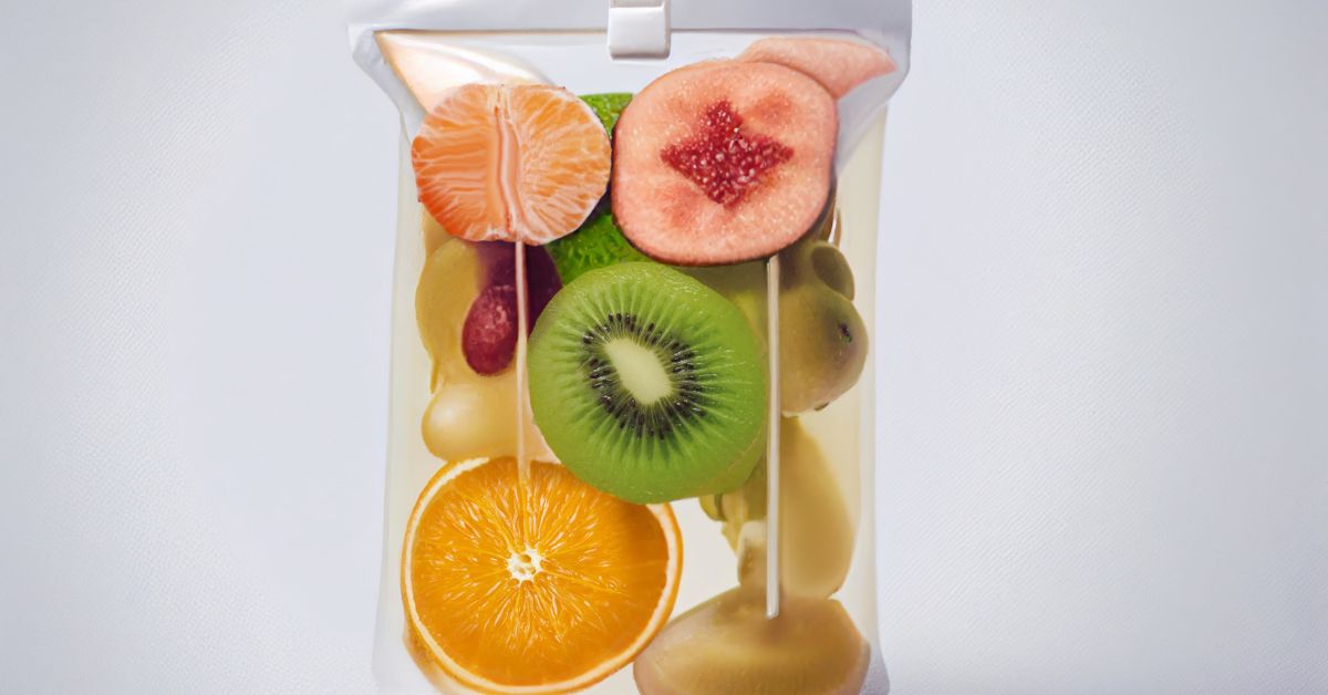 An assortment of fruit in a seethrough pouch.